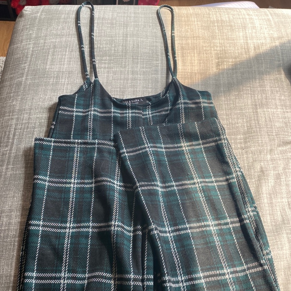 Liz & Sara green and white & black plaid spaghetti string overalls